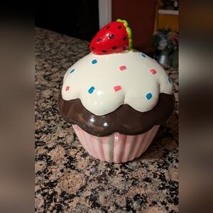 Cupcake Shaped Ceramic Cookie Jar - Pink and Brown